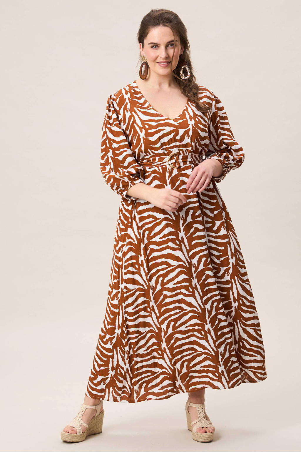 Miss Etam Plus zomerjurk met zebraprint camel