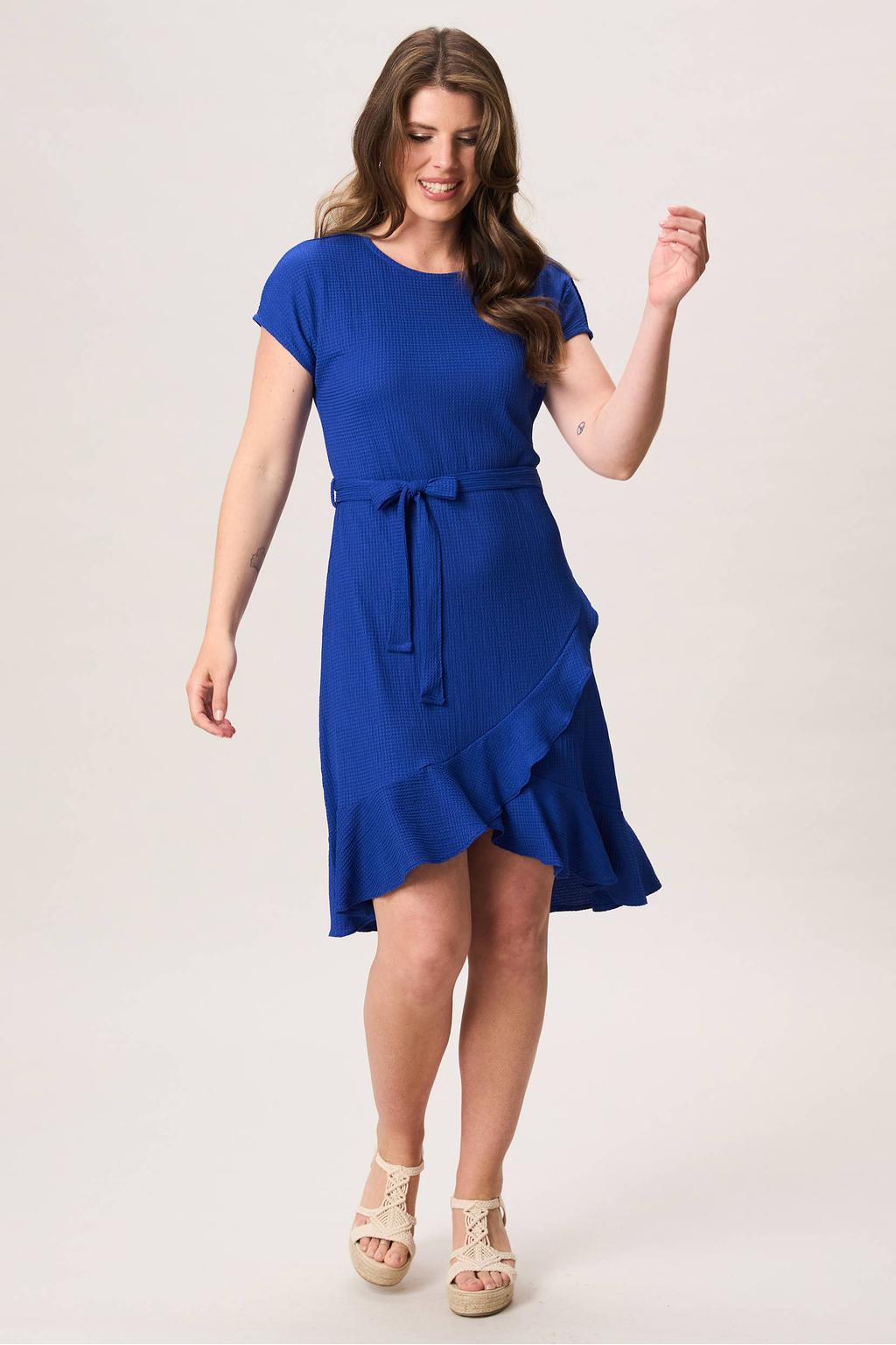Blauwe dames Miss Etam zomerjurk van polyester met effen, korte mouwen, ronde hals en ceintuur