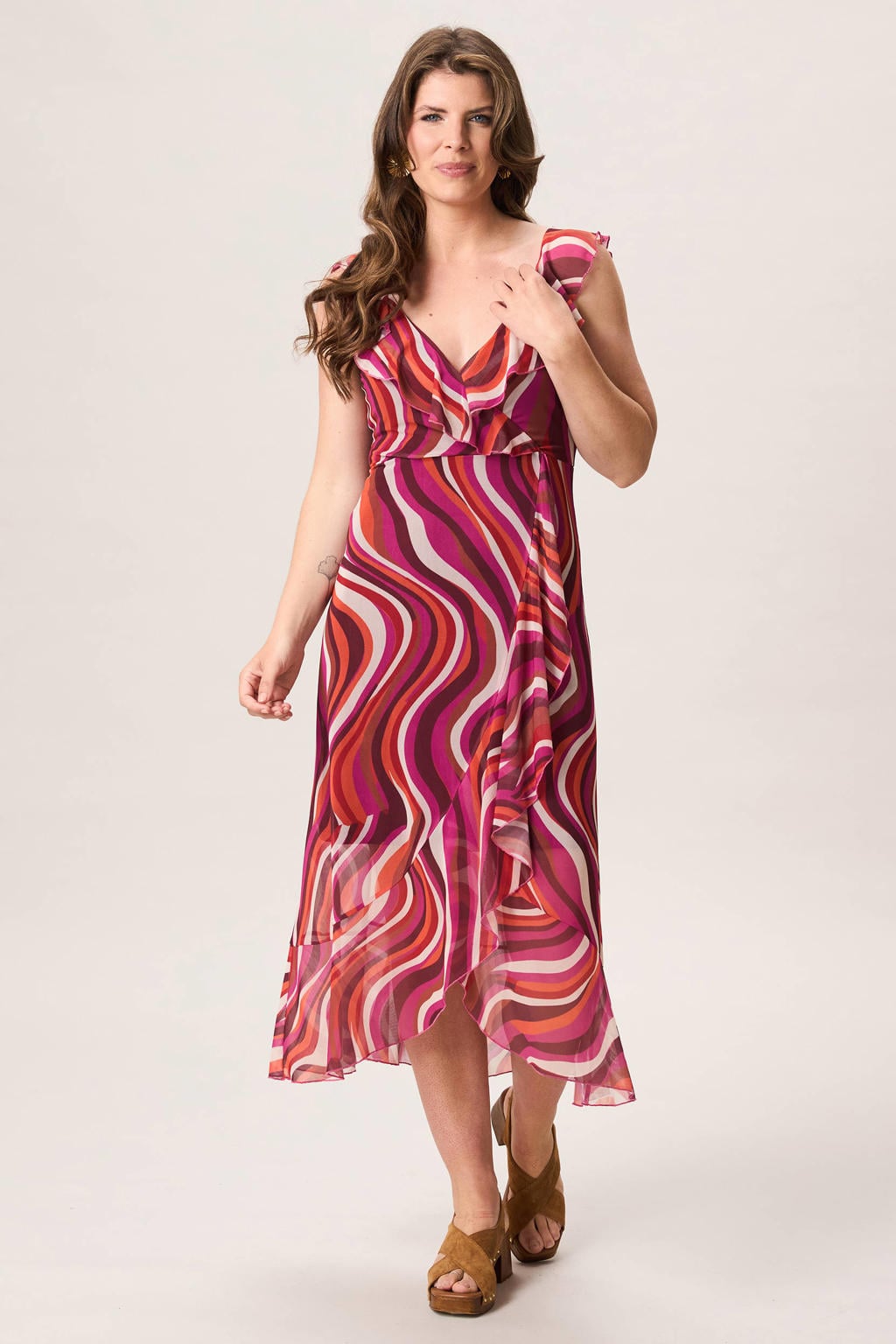 Roze, oranje en paarse dames Miss Etam wikkel- overslagjurk van polyester met V-hals, elastische tailleband en ruches