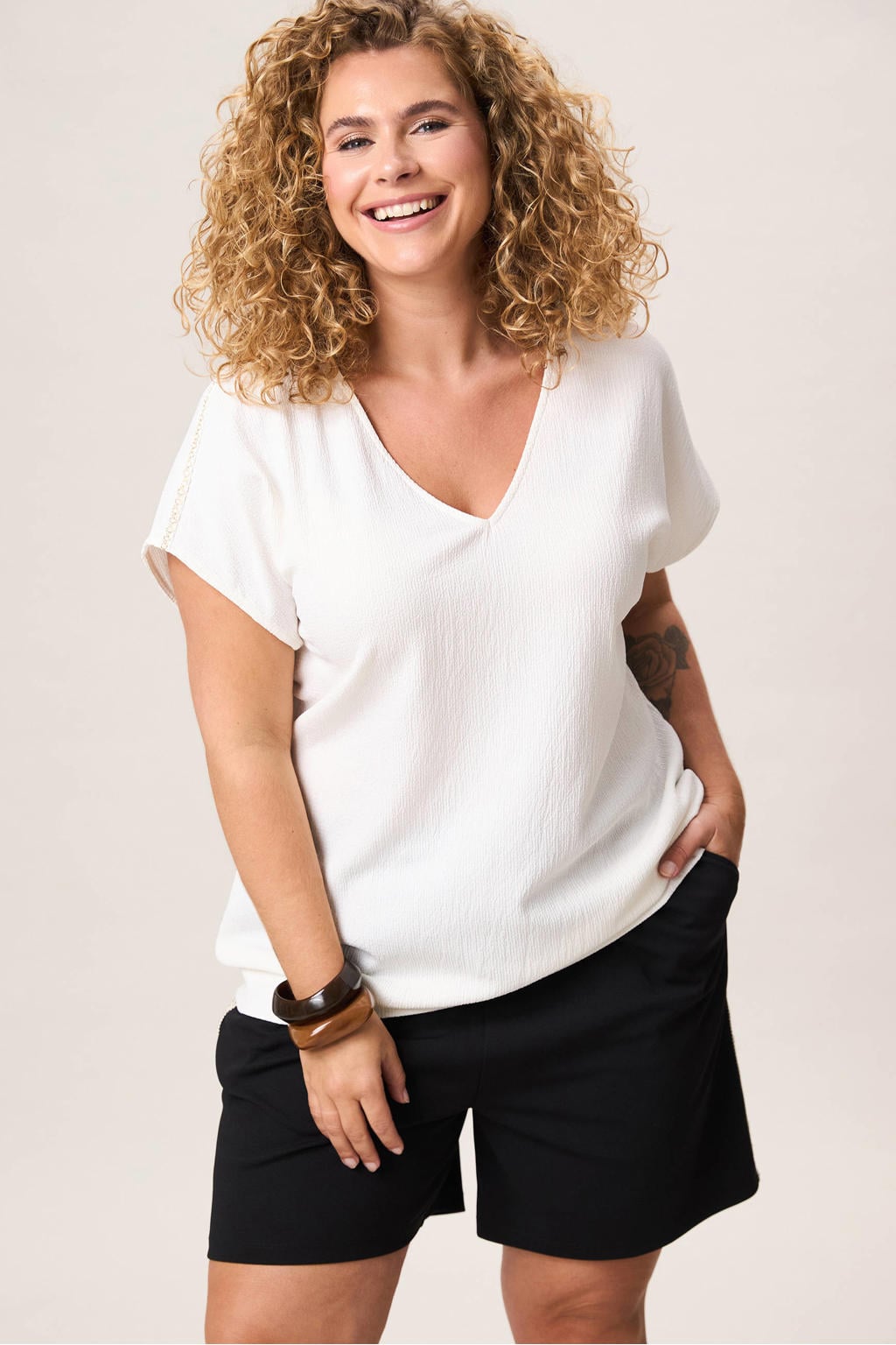 Witte dames Miss Etam Plus top van polyester met effen, korte mouwen en elastische boord