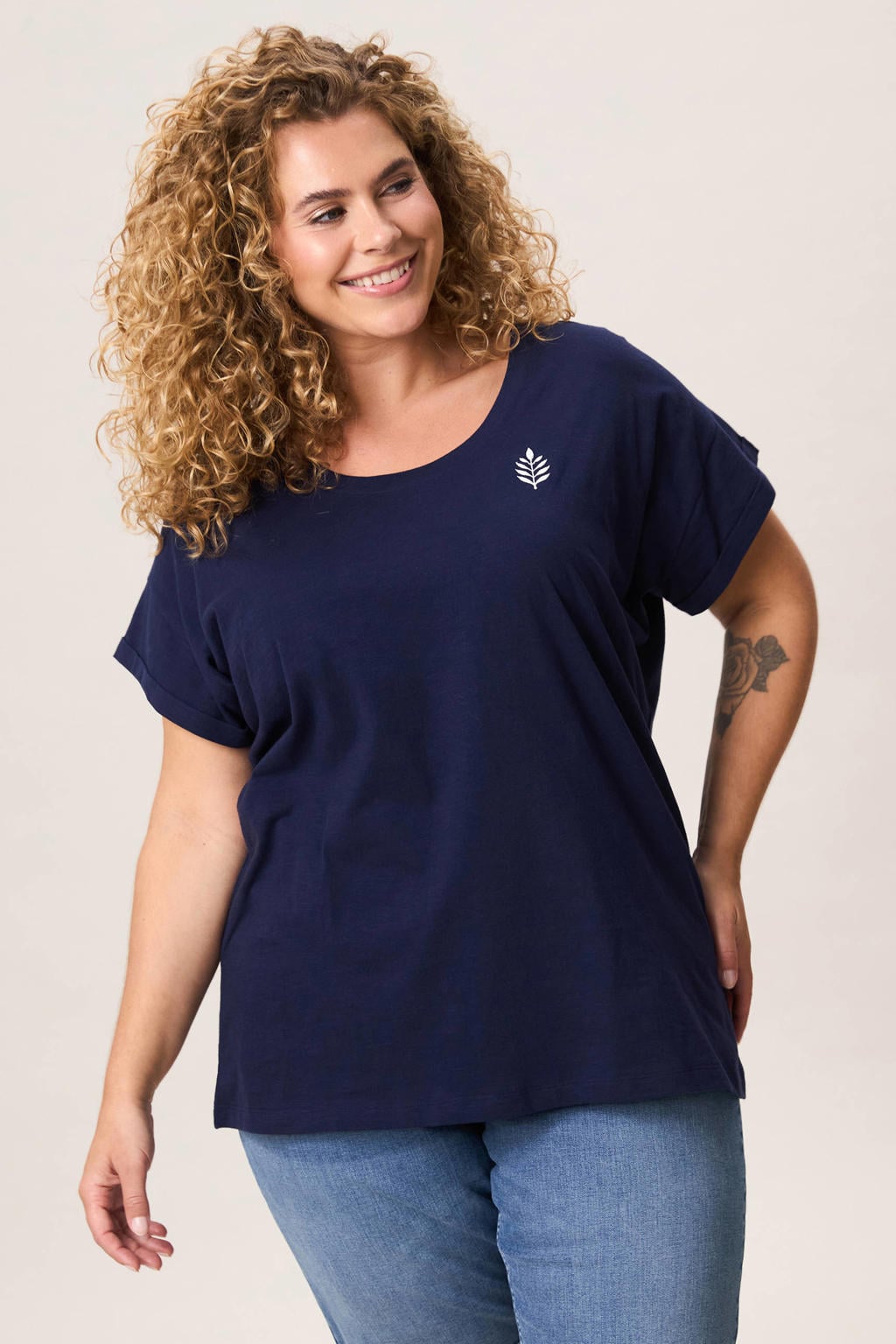 Blauwe dames Miss Etam Plus T-shirt van katoen met effen en korte mouwen