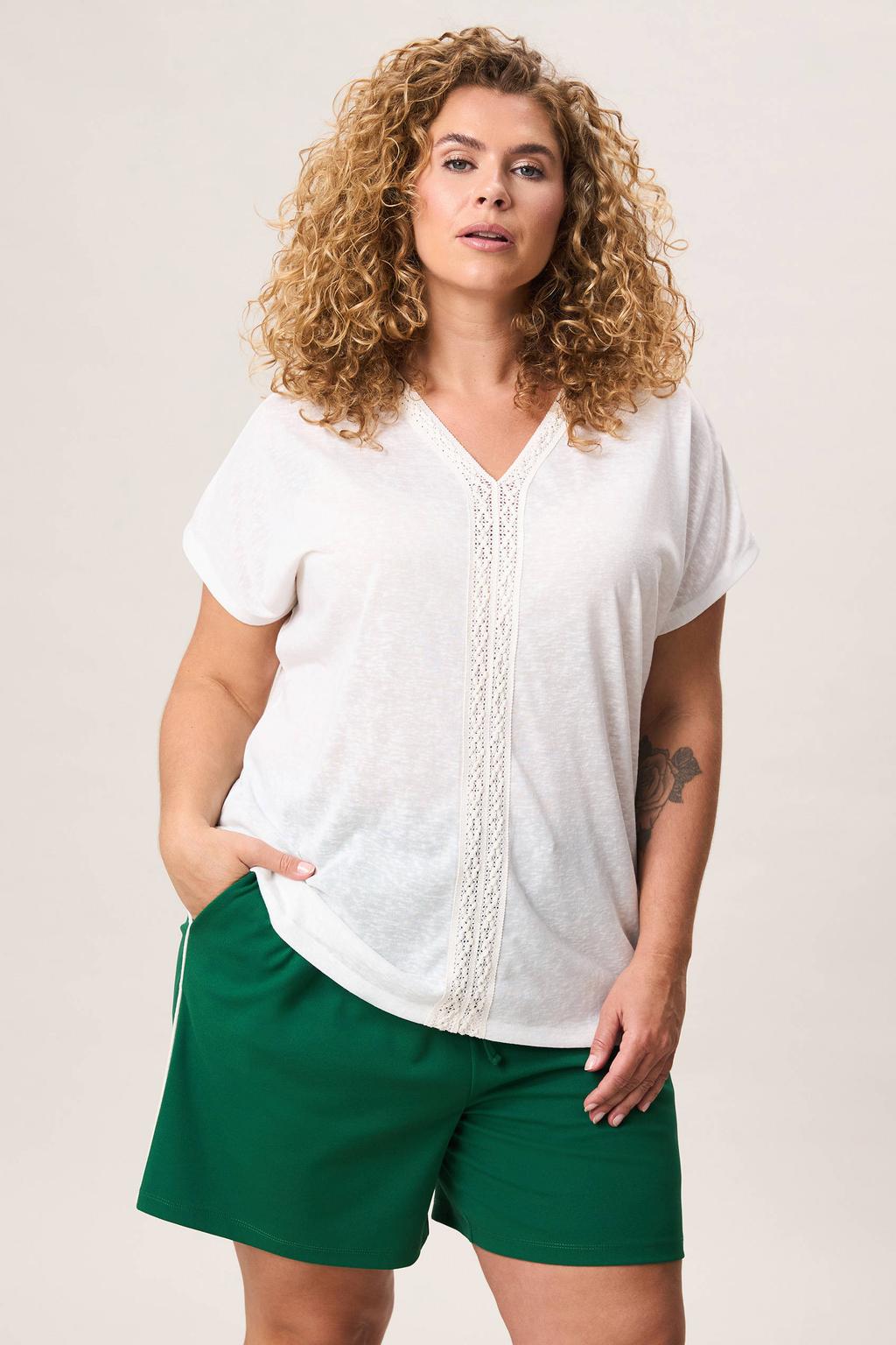 Witte dames Miss Etam Plus top broderie van polyester met effen en korte mouwen