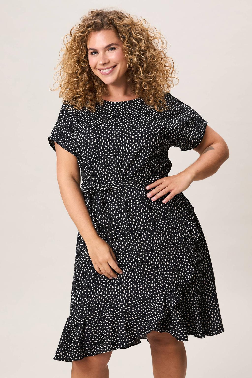 Zwart en witte dames Miss Etam Plus korte zomerjurk met stippen met korte mouwen, striksluiting en ceintuur