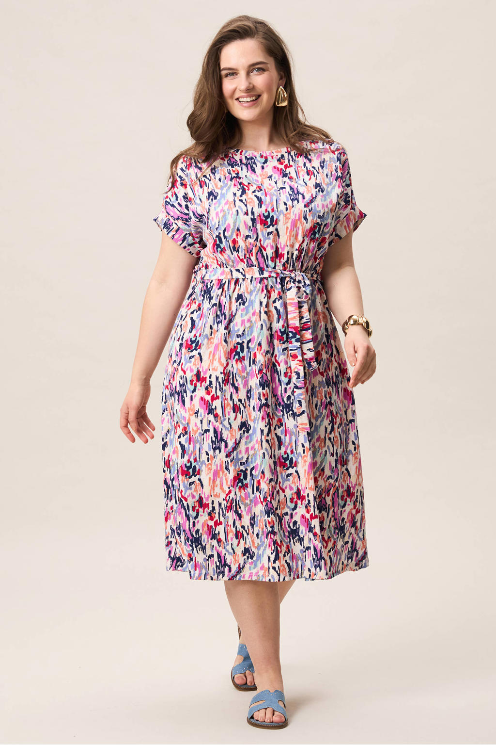 Roze dames Miss Etam Plus zomerjurk van polyester met korte mouwen, elastische tailleband en ceintuur