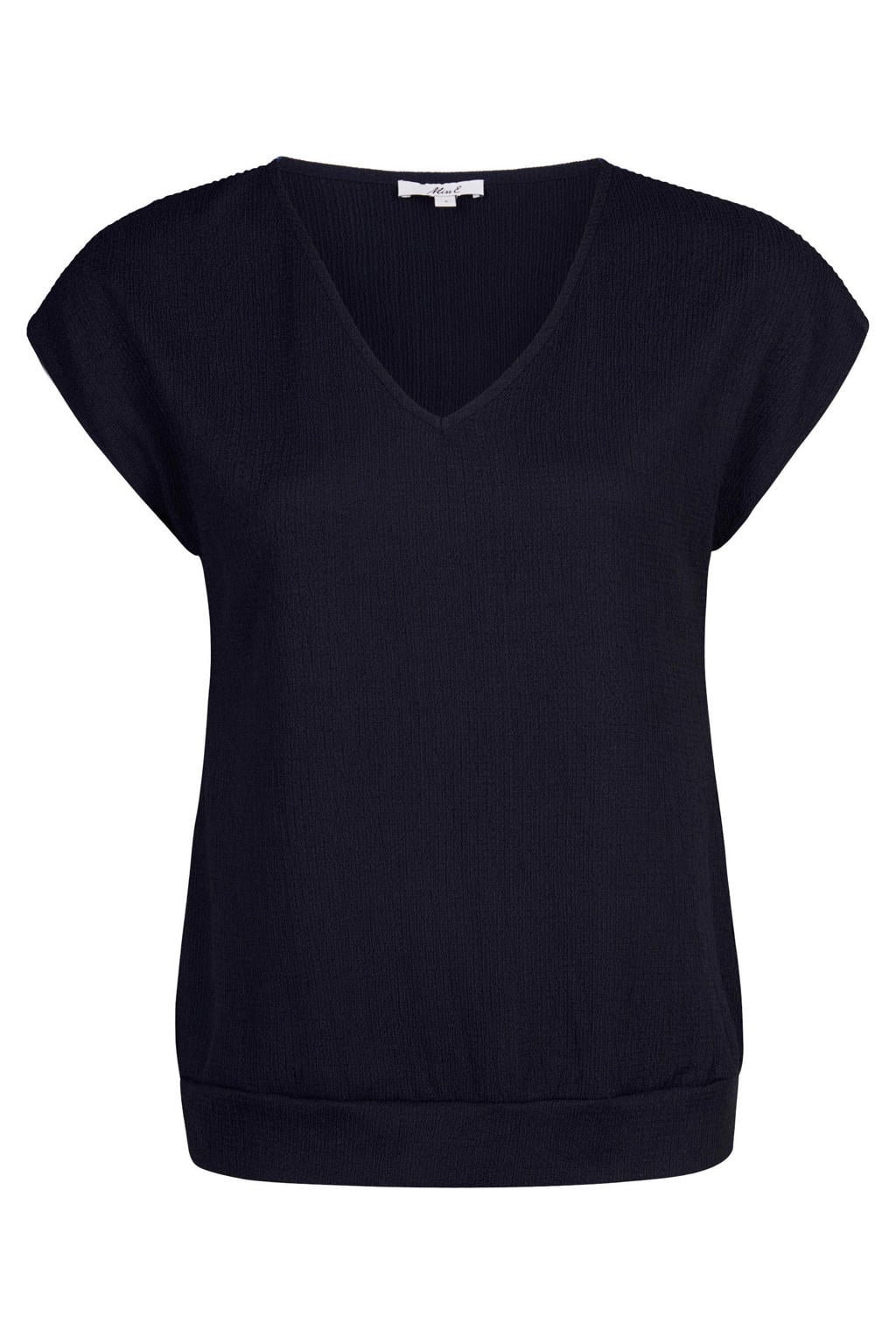 Blauwe dames Miss Etam top van polyester met effen, korte mouwen, V-hals en elastische boord