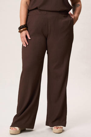 wide leg regular waist broek met textuur bruin