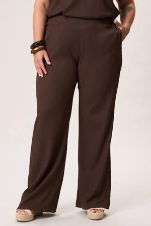 wide leg regular waist broek met textuur bruin