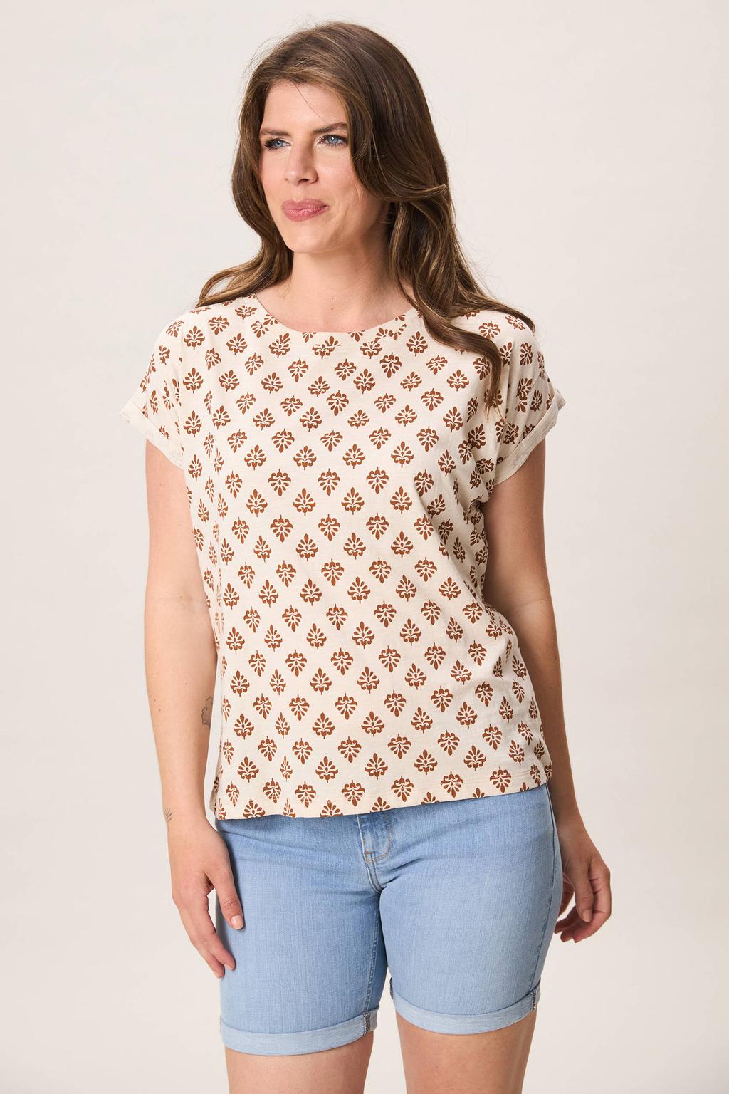 Zandkleurige dames Miss Etam T-shirt van katoen met korte mouwen, ronde hals en omslagdetail