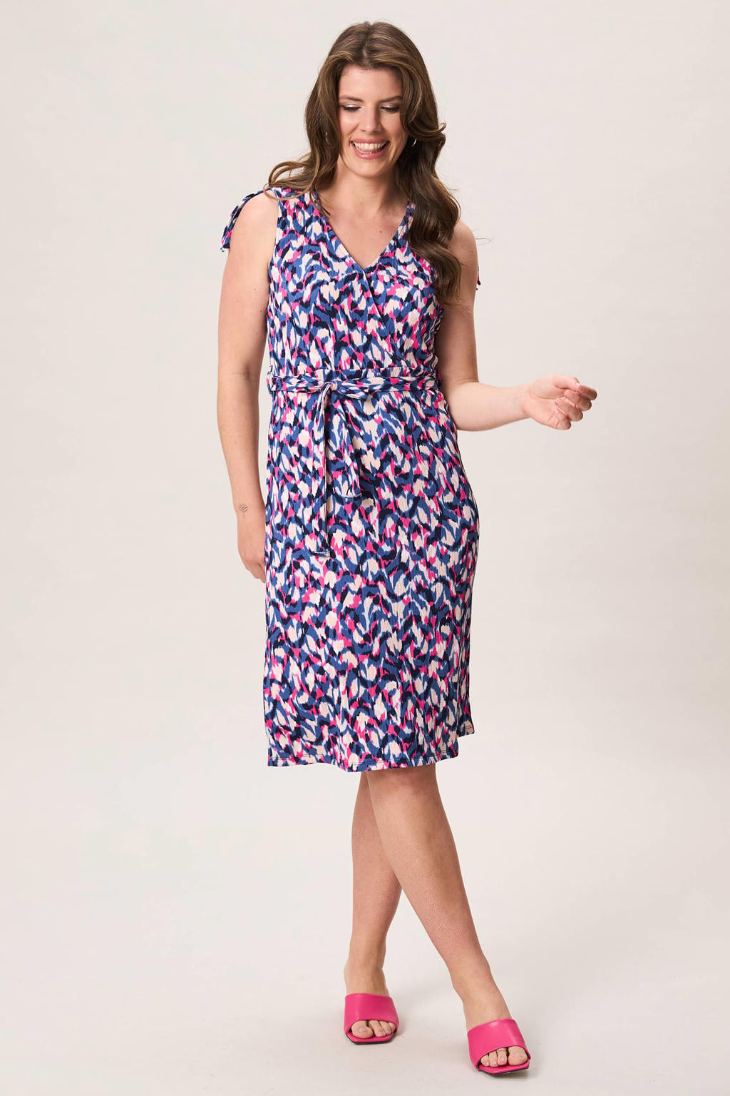 Blauw, roze en ecru dames Miss Etam midi jurk van polyester met V-hals