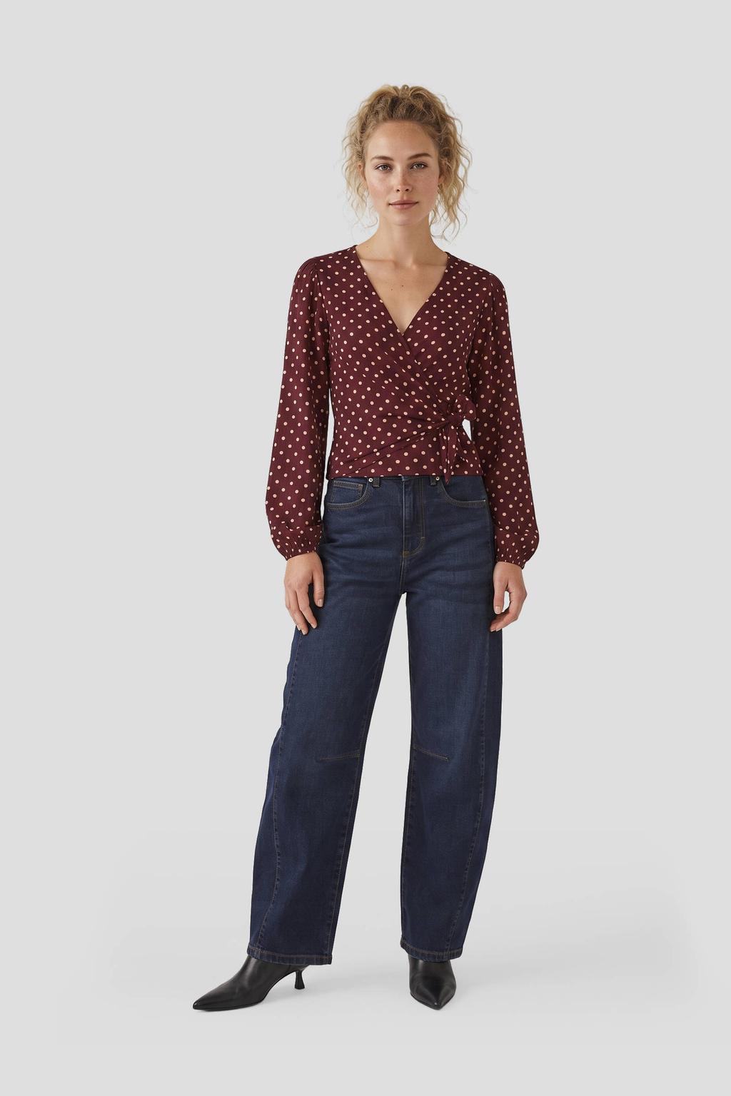 Donkerrood, bordeaux en roze dames Anytime crinkle overslag top polkadot print rood van viscose met effen en lange mouwen
