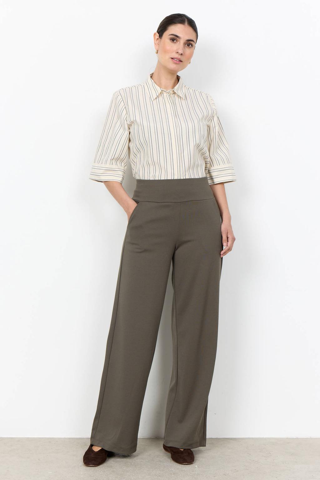 Taupe dames Soyaconcept regular fit pantalon van polyester met elastische tailleband en effen