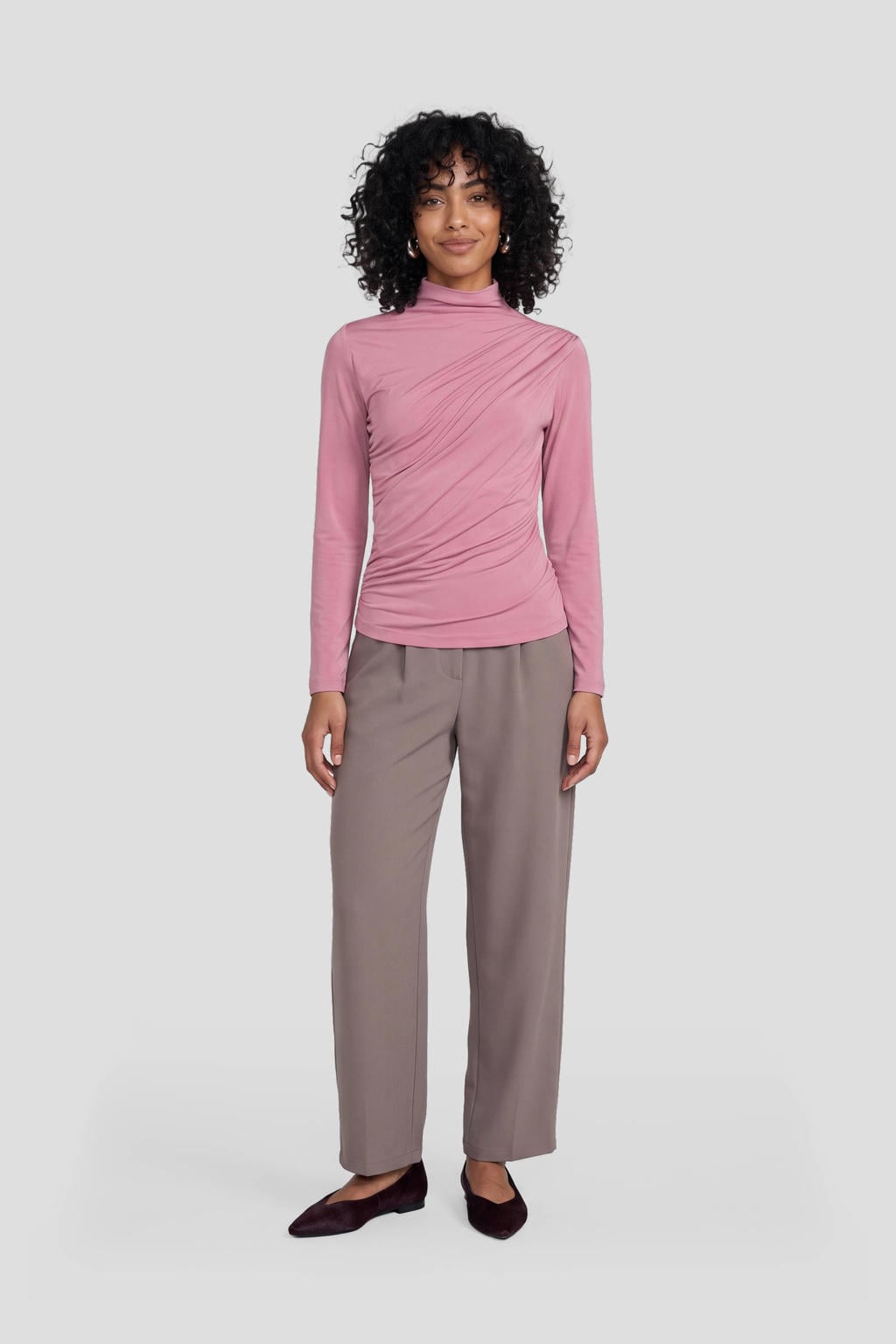 Oudroze dames Ruby gedrapeerde jersey top van polyester met effen en lange mouwen