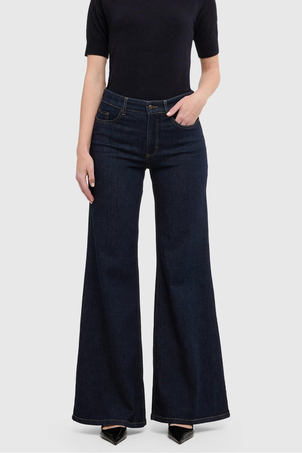 Dark blue denim dames MAC flared jeans van denim met regular waist, rits- en knoopsluiting en effen