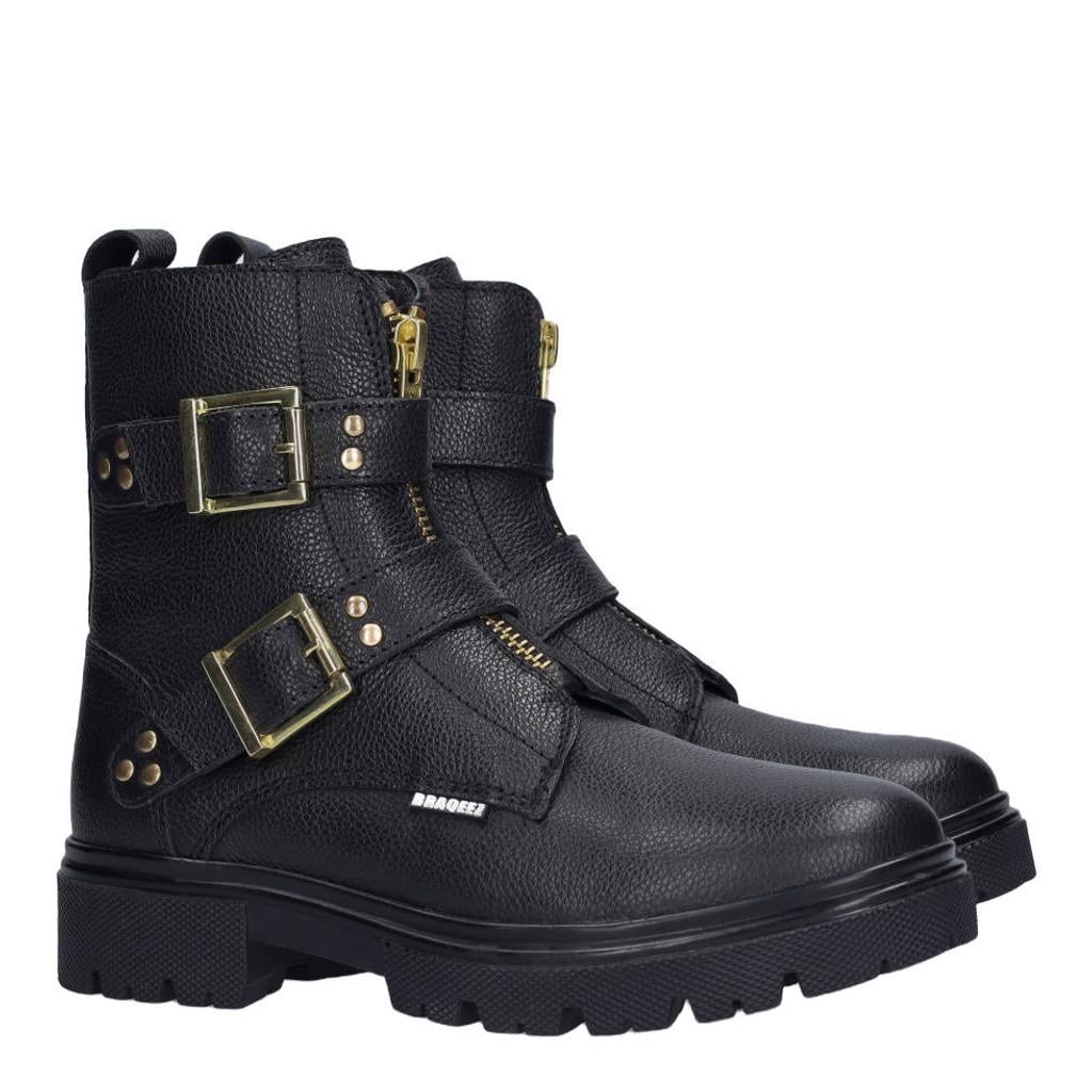 Braqeez chunky leren enkelboots - zwart
