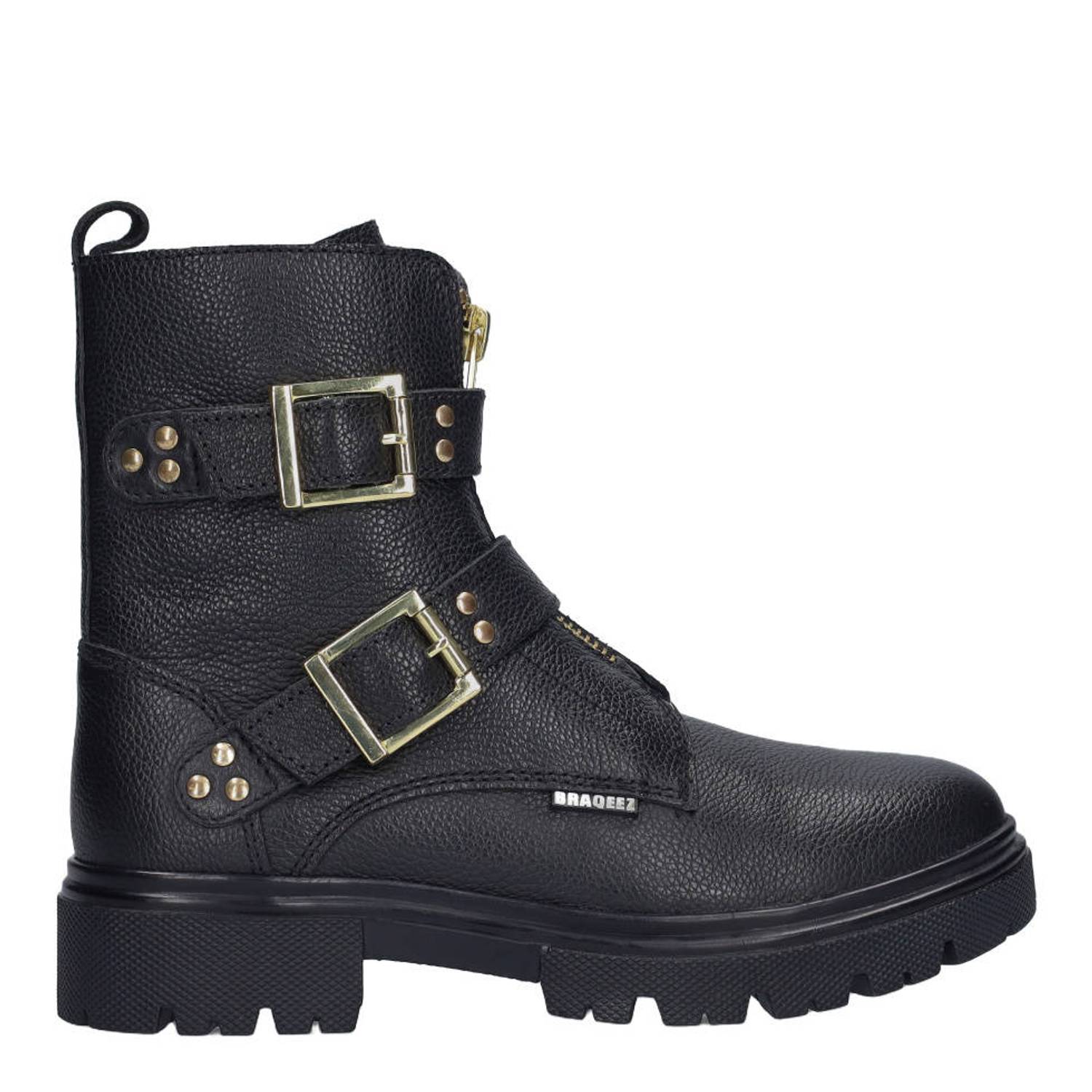 Braqeez chunky leren enkelboots zwart