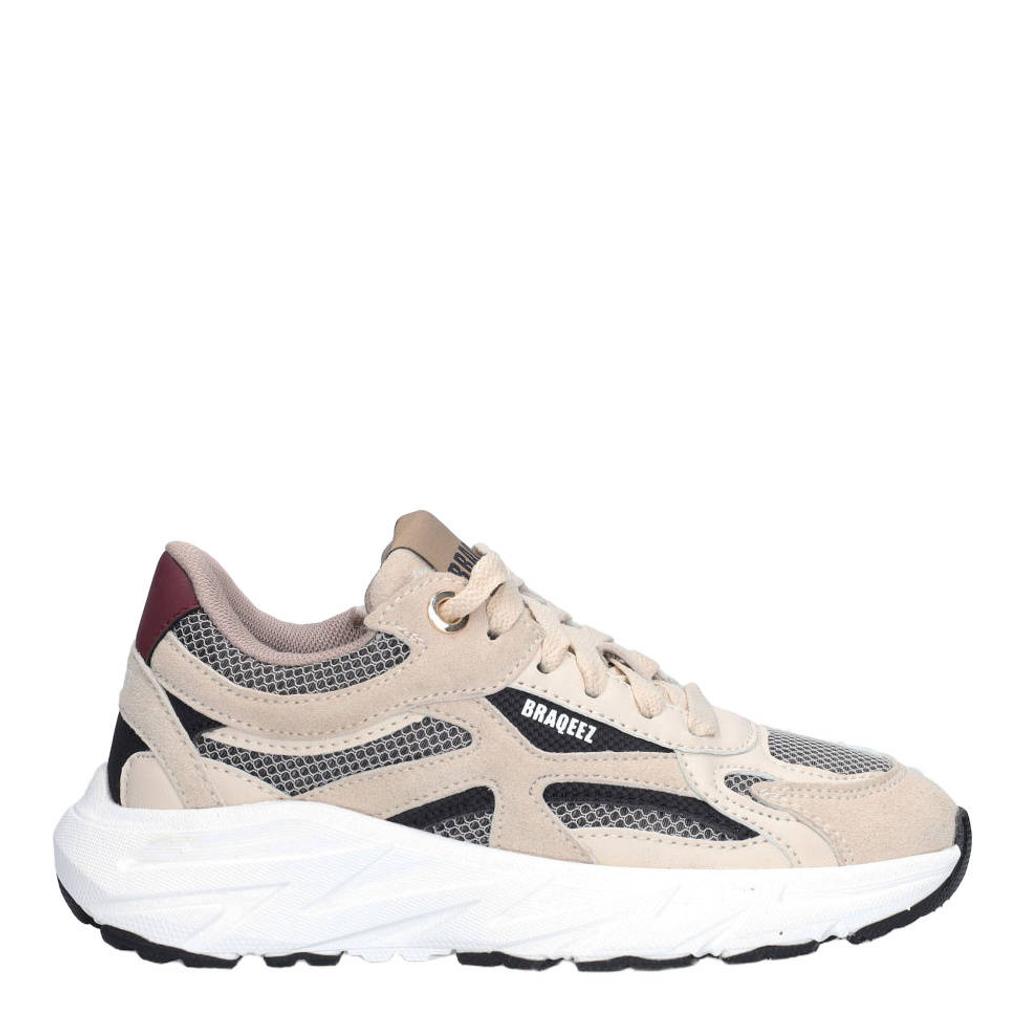 Beige jongens Braqeez chunky sneakers - van 100% mesh imitatieleer met rits- en vetersluiting