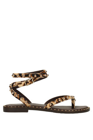 leren sandalen met panterprint en studs beige/zwart