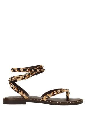 leren sandalen met panterprint en studs beige/zwart