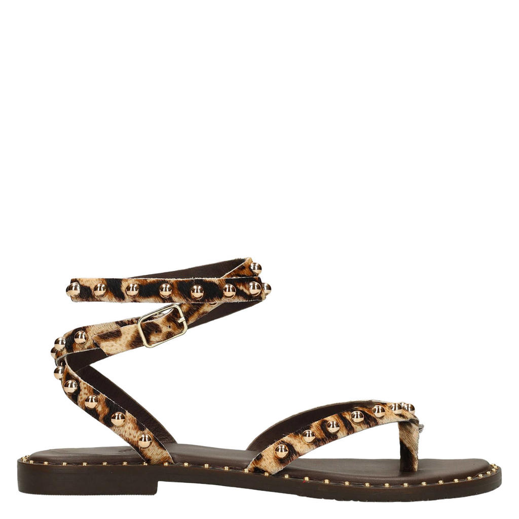 Beige en zwarte dames Sacha leren sandalen en studs met gesp en panterprint