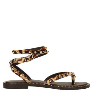 leren sandalen met panterprint en studs beige/zwart
