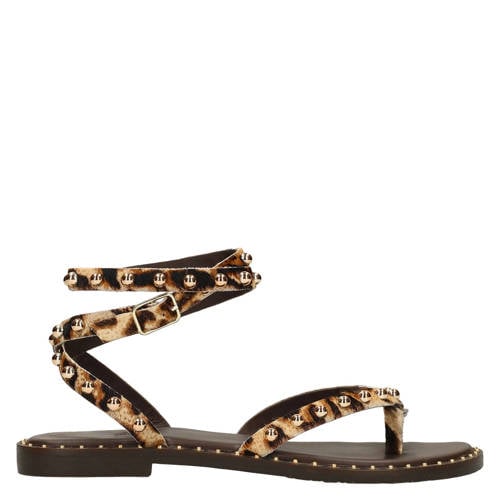Sacha leren sandalen met panterprint en studs beige/zwart