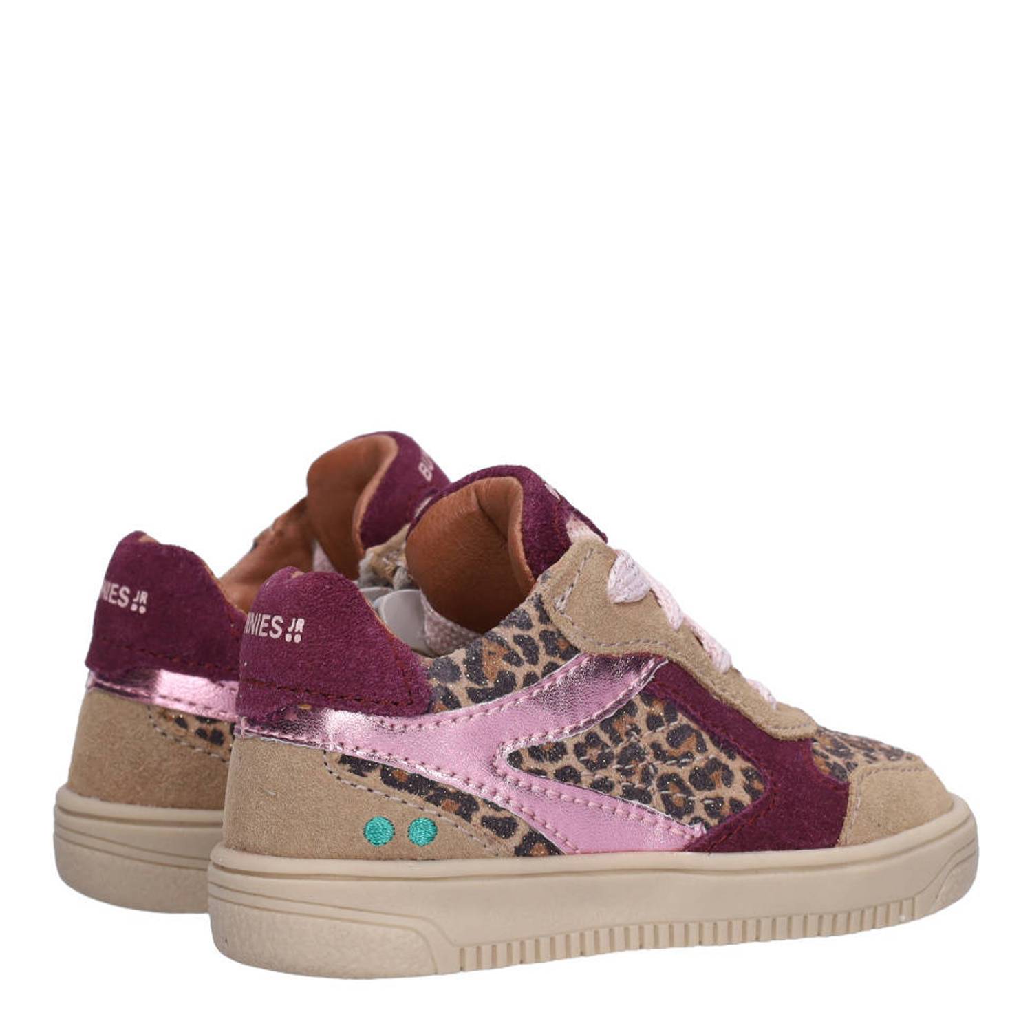 BunniesJR leren sneakers met panterprint taupe donkerrood roze