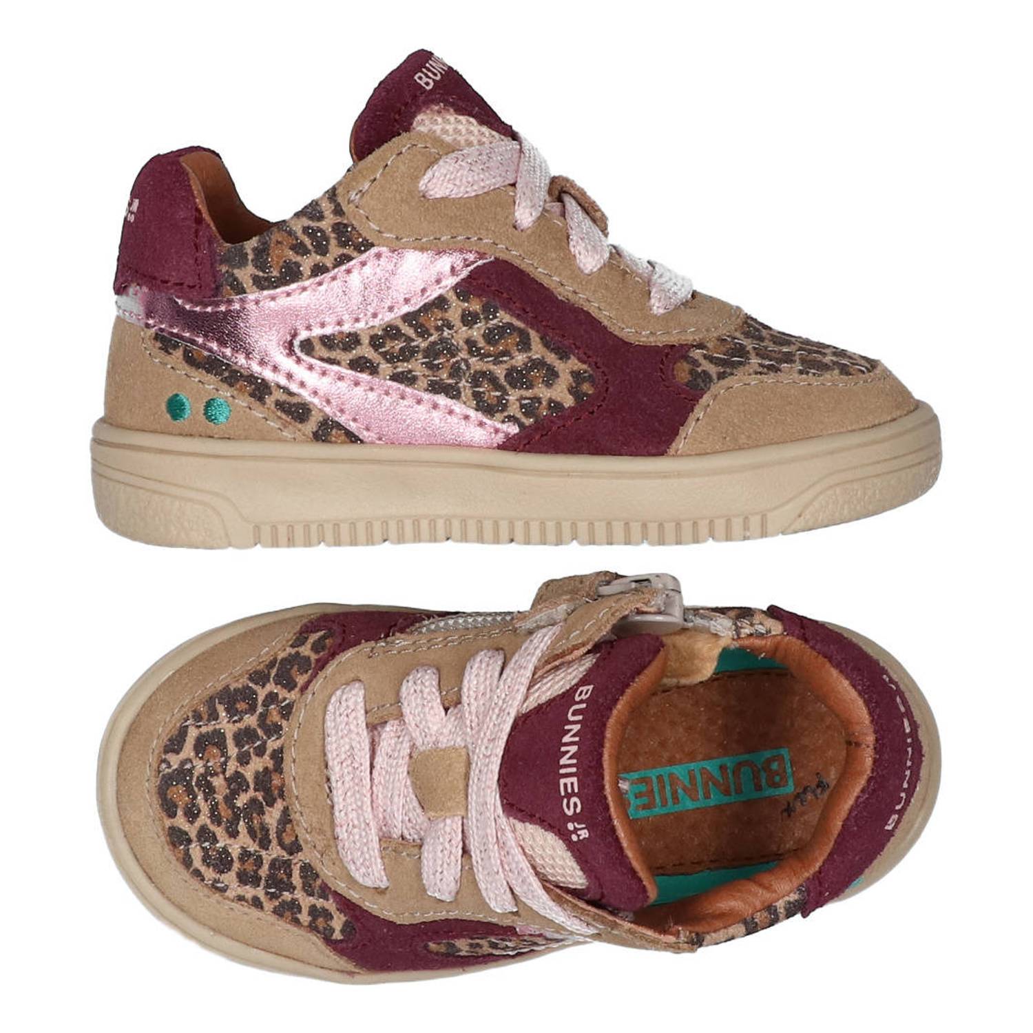 BunniesJR leren sneakers met panterprint taupe donkerrood roze