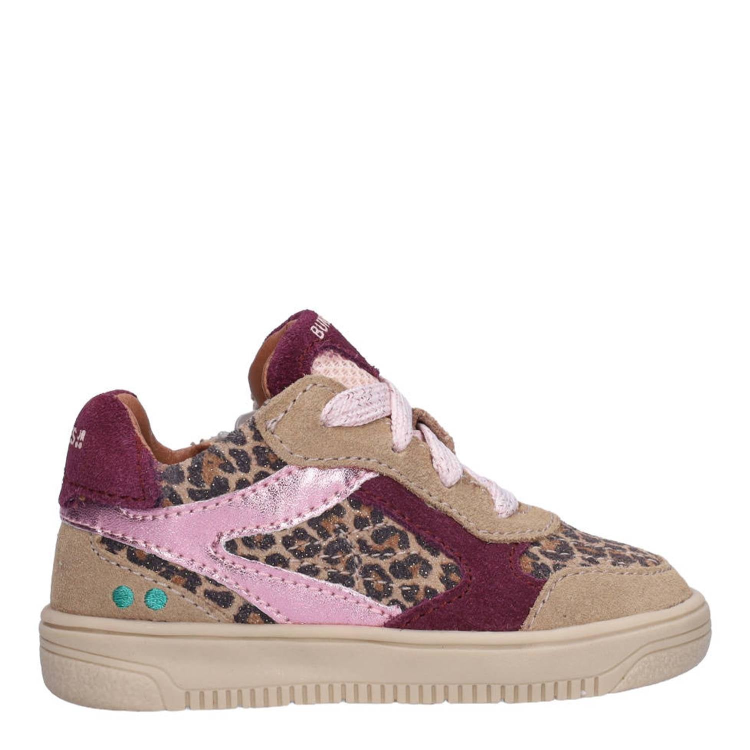 BunniesJR leren sneakers met panterprint taupe donkerrood roze