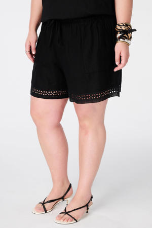 linnen loose fit broderie short Plus Size - zwart