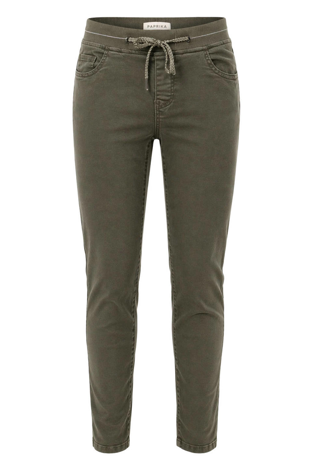 Kakikleurige dames Paprika regular waist slim fit broek Plus Size van katoen met elastische tailleband met koord en effen