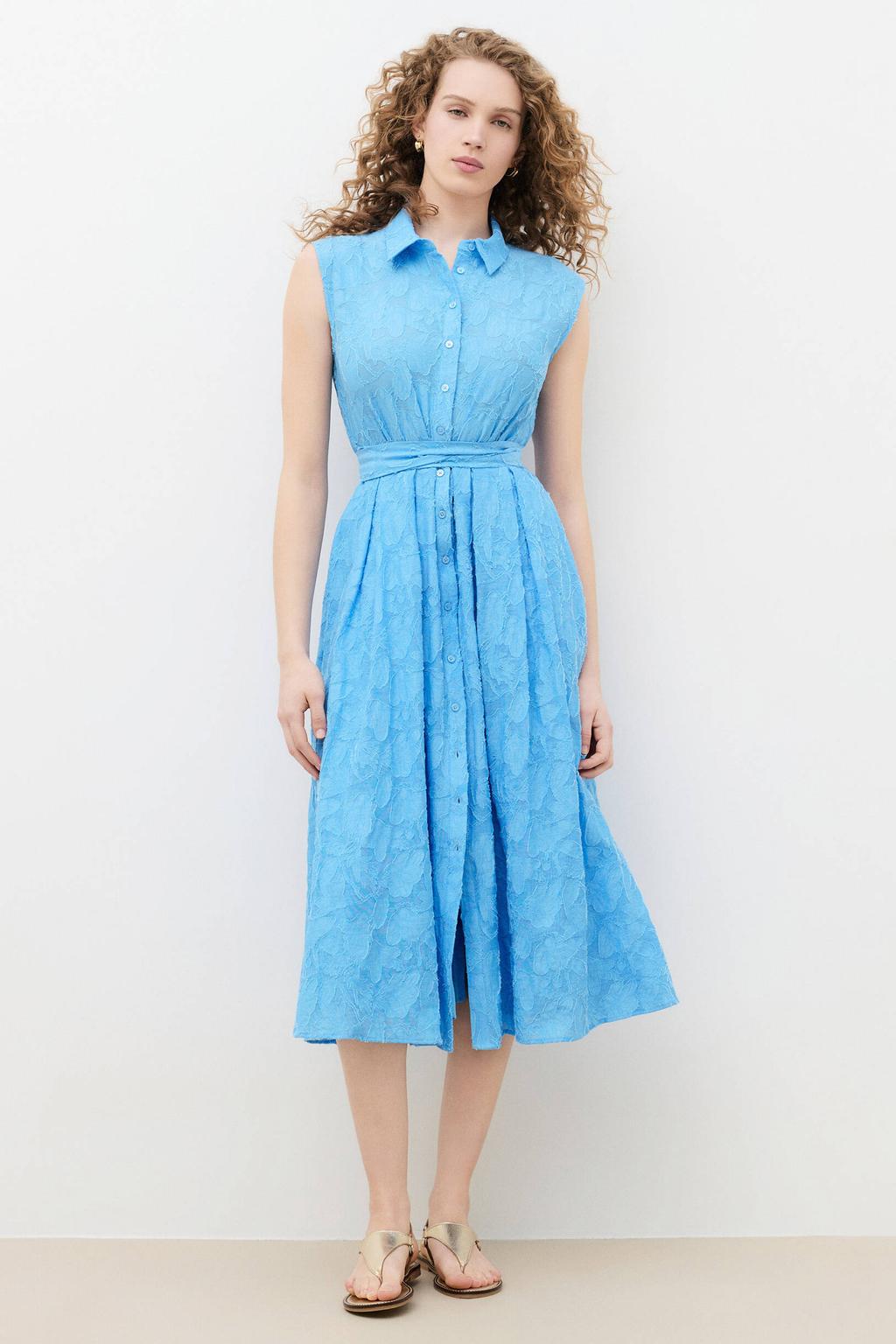Blauwe dames Caroll katoenen blousejurk met klassieke kraag, knoopsluiting en ceintuur