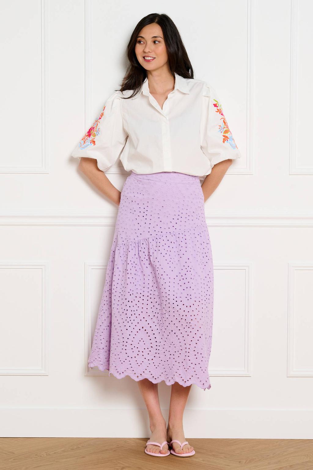 Lilakleurige dames LOLALIZA broderie midi rok gemaakt van katoen en met elastische tailleband