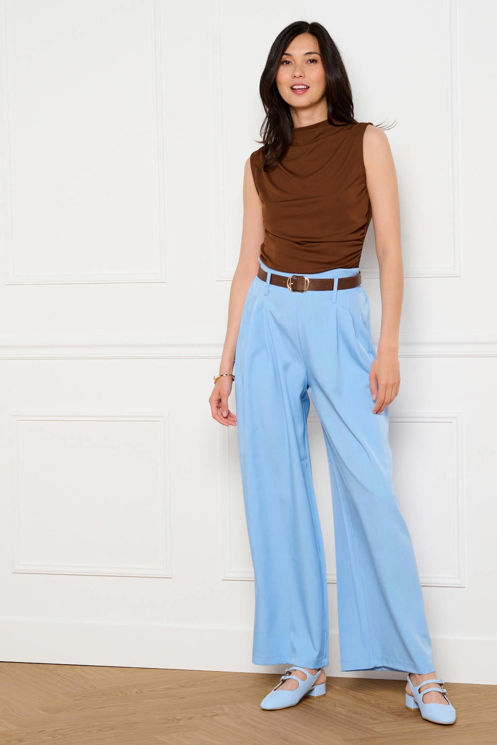 Lichtblauw en bruine dames LOLALIZA high waist wide leg fit pantalon met effen