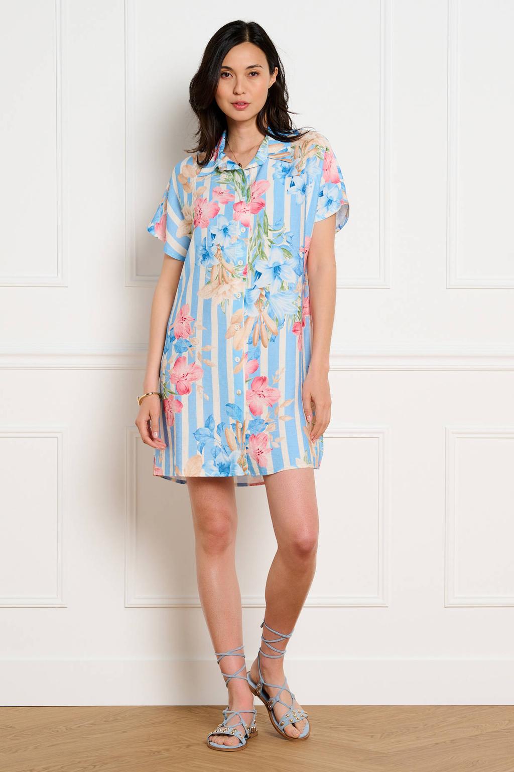 Blauw, wit en roze dames LOLALIZA gebloemde blousejurk van viscose met korte mouwen, klassieke kraag en knoopsluiting