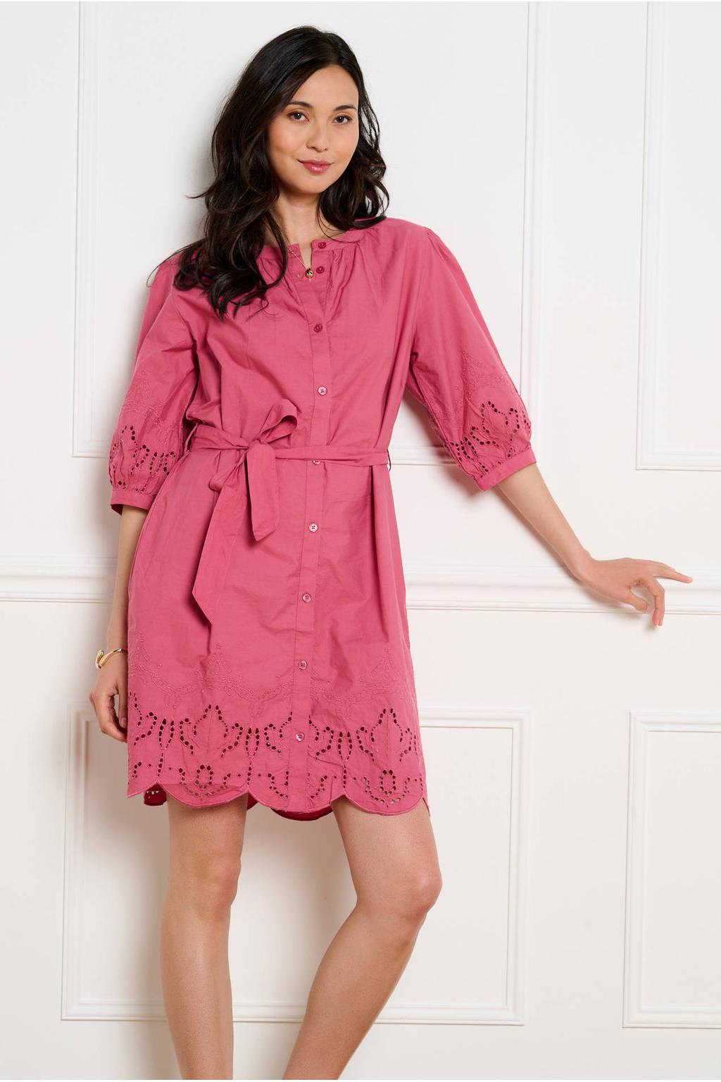 Roze dames LOLALIZA broderie blousejurk van katoen met effen, driekwart mouwen, ronde hals en knoopsluiting