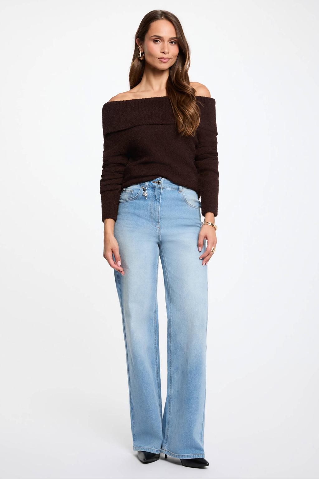 Donkerblauwe dames Morgan off shoulder gebreide trui van polyester met lange mouwen