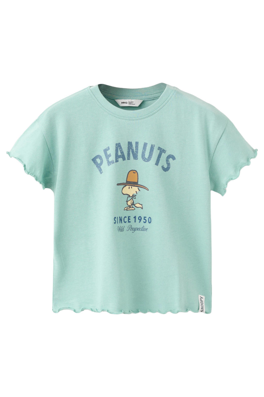 Lichtblauwe meisjes Mango Kids T-shirt van katoen met printopdruk, korte mouwen, ronde hals en golvende afwerking
