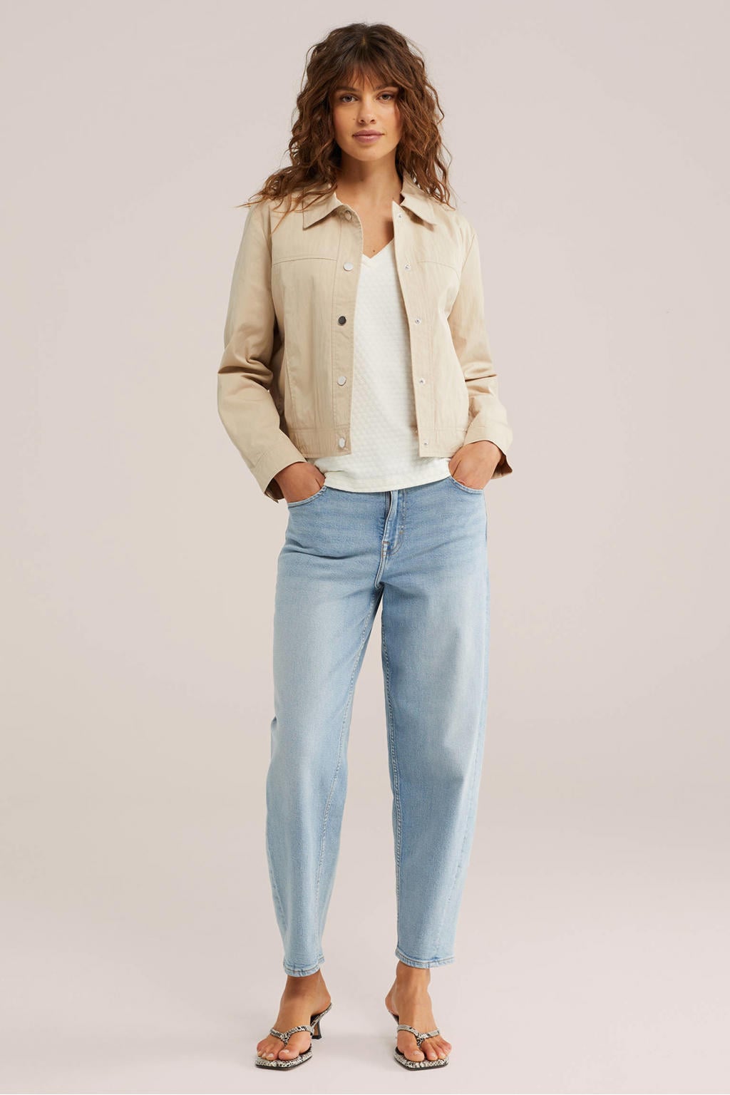 Ecru dames WE Fashion T-shirt van polyester met effen, korte mouwen en ronde hals