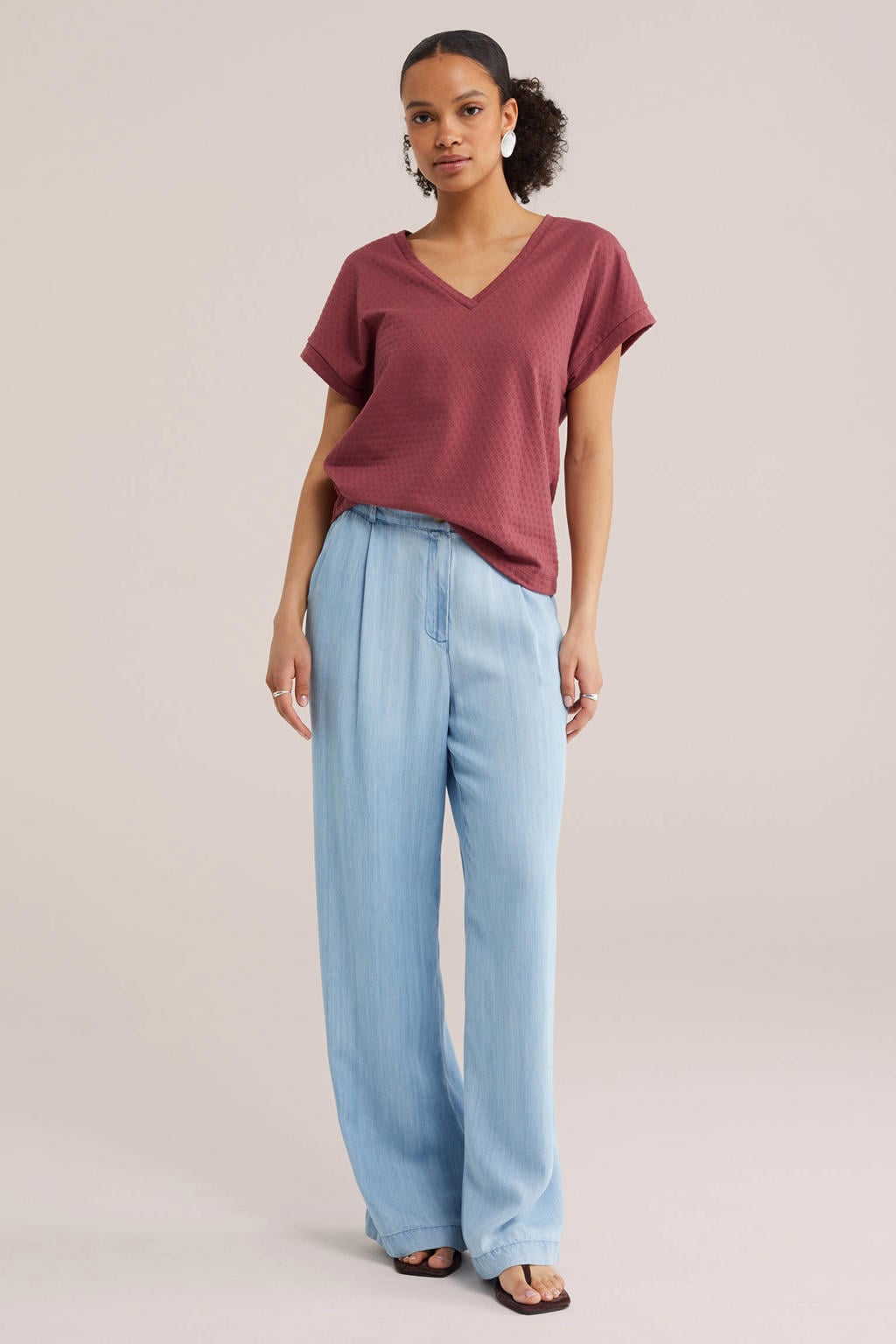 Oudroze dames WE Fashion T-shirt van polyester met effen, korte mouwen en ronde hals