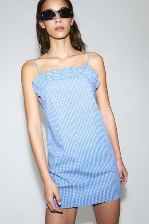 katoenen geruite mini jurk met spaghettibandjes en ruches - blauw