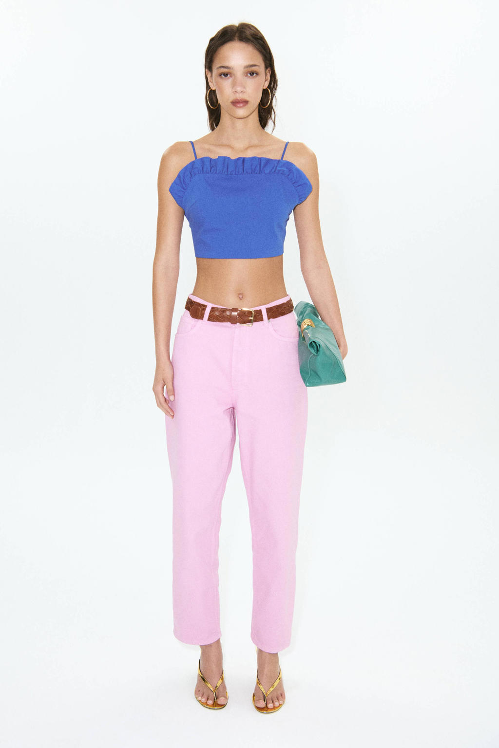 Blauwe dames Mango top met effen, vierkante hals en ruches
