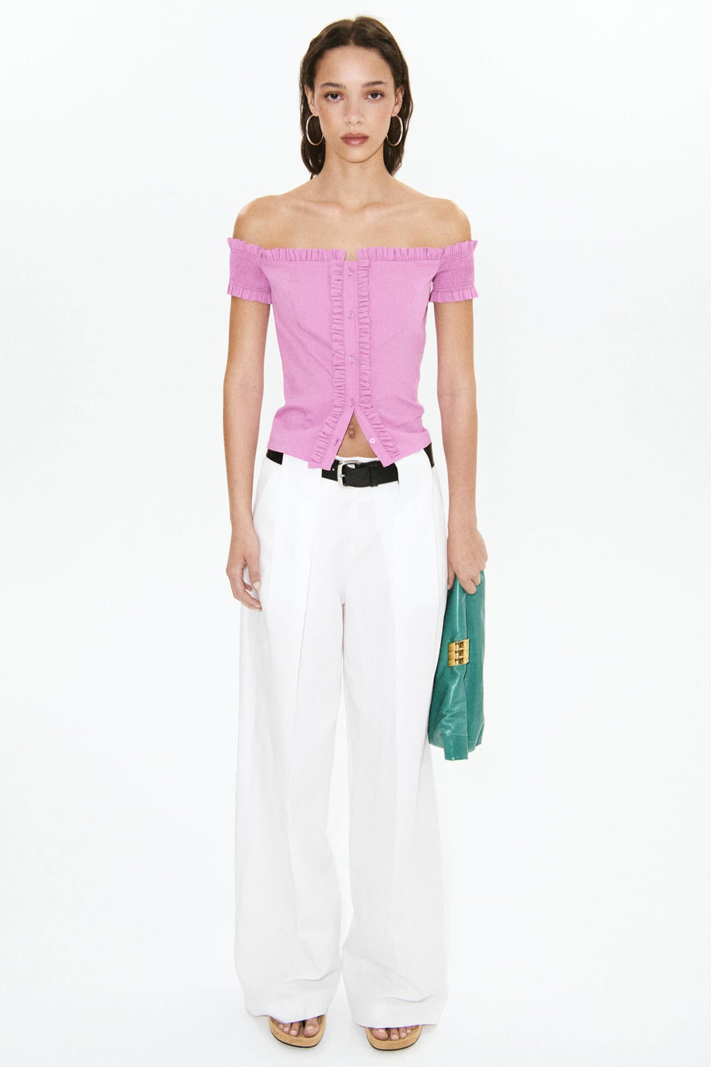 Roze dames Mango off shoulder top met korte mouwen