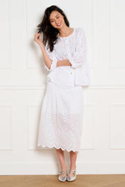 thumbnail: Witte dames LOLALIZA blouse broderie van katoen met effen, driekwart mouwen, ronde hals en knoopsluiting