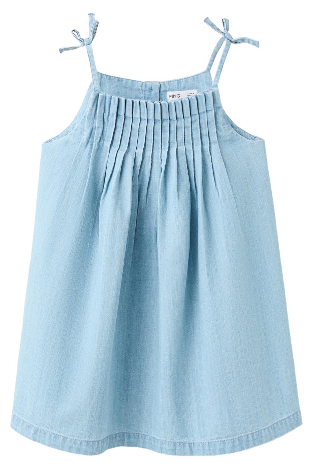 Light blue denim meisjes Mango Kids korte jurk van katoen met effen, spaghettibandjes en vierkante hals