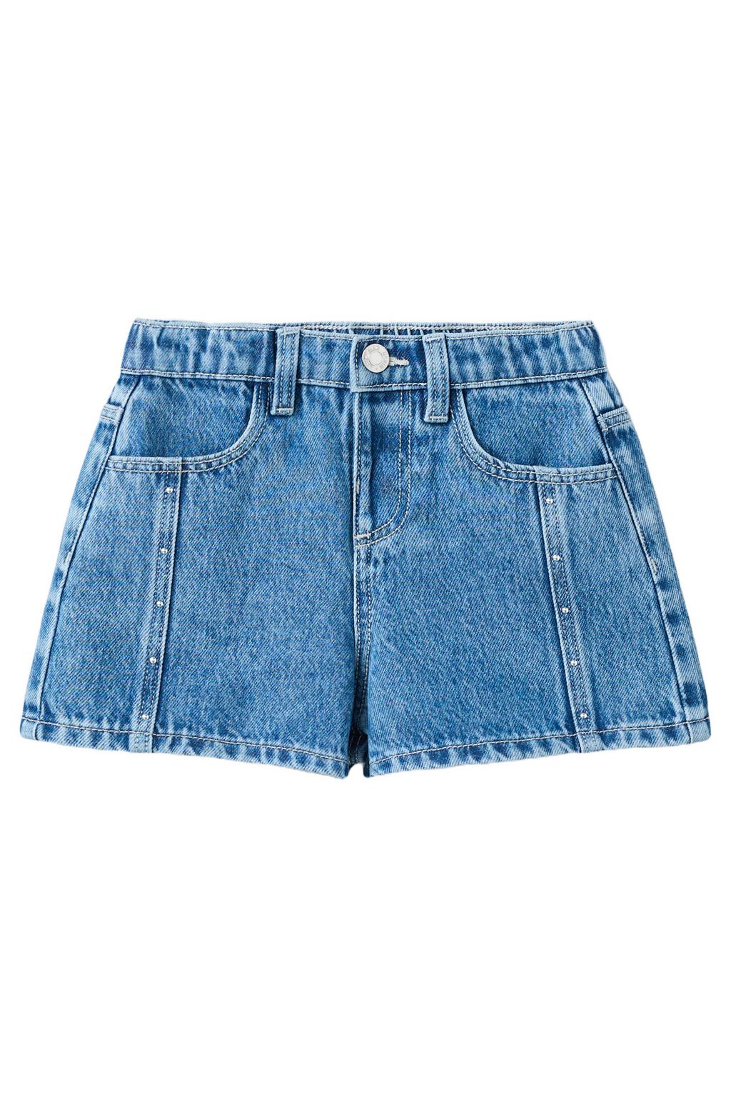 Medium blue denim meisjes Mango Kids short van denim met rits- en knoopsluiting en effen