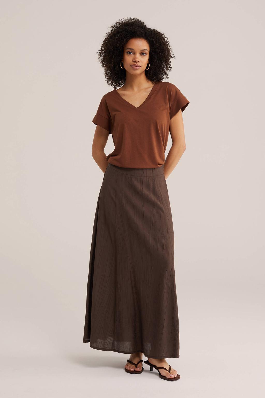 Lichtbruine dames WE Fashion T-shirt van viscose met effen, korte mouwen en V-hals