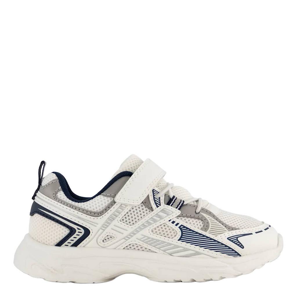 Wit en donkerblauwe jongens Vty imitatieleren sneakers - met elastische veter- met klittenbandsluiting