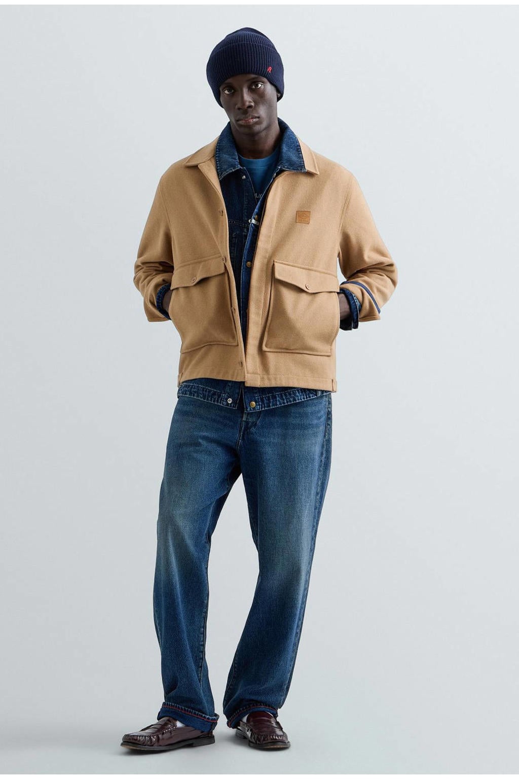 Camelkleurige heren REPLAY jacket van wol met effen, lange mouwen, klassieke kraag en knoopsluiting