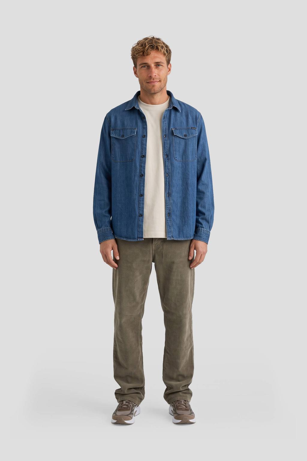Medium blue denim heren REPLAY regular fit casual overhemd mediumblauw van denim met effen, lange mouwen en klassieke kraag