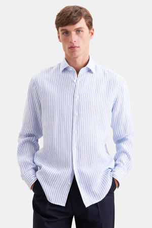 regular gestreept casual overhemd met linnen blauw
